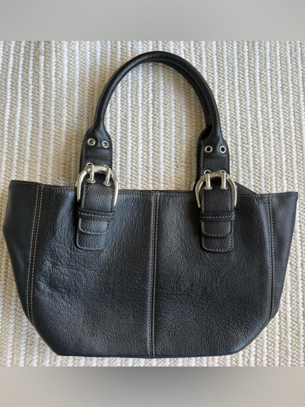 Tignanello Black Pebbled Leather Tote Bag | Genuine minimalist neutral everyday